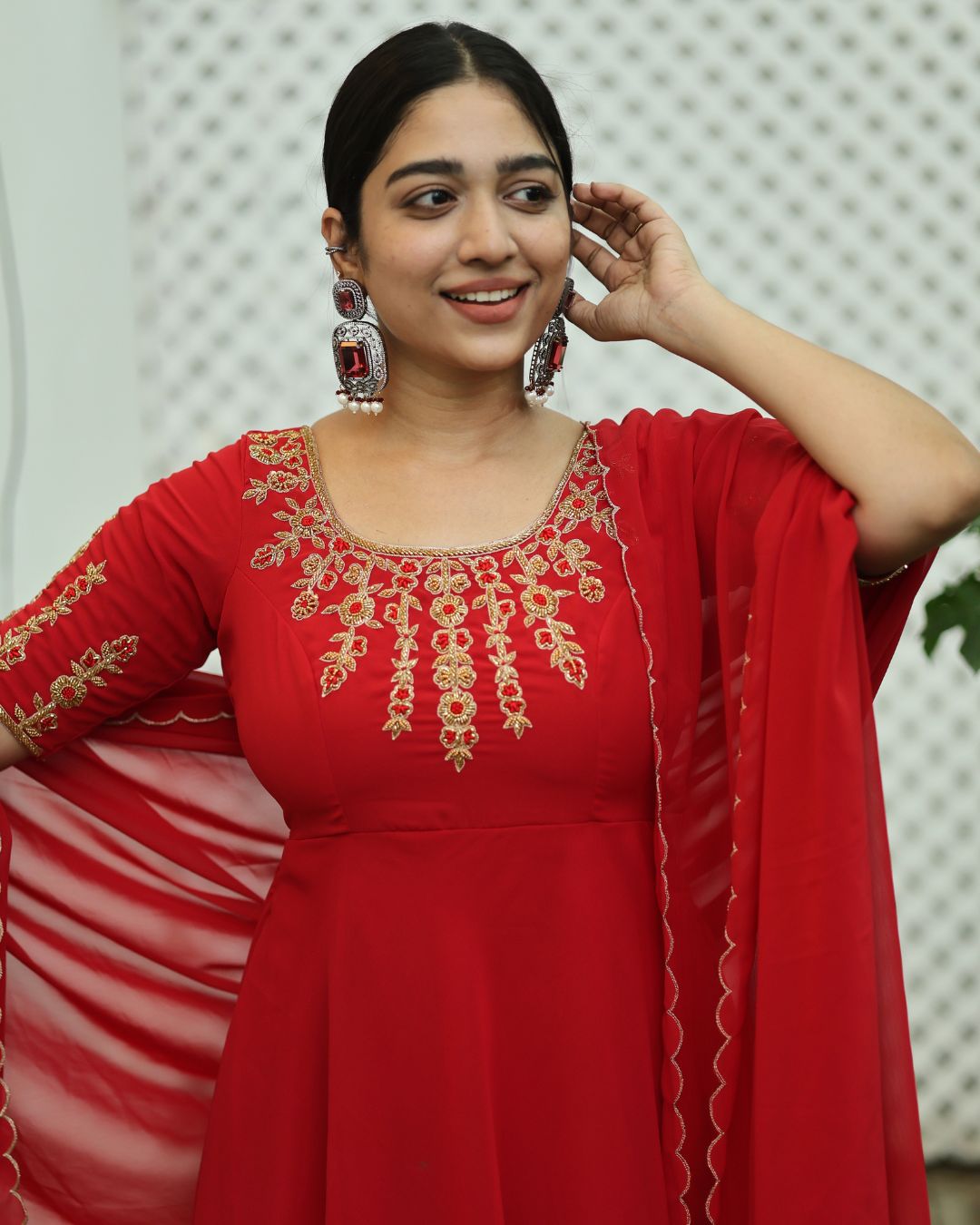 Dhairya-Cherry red anarkali gown and duppata | Petals Chennai