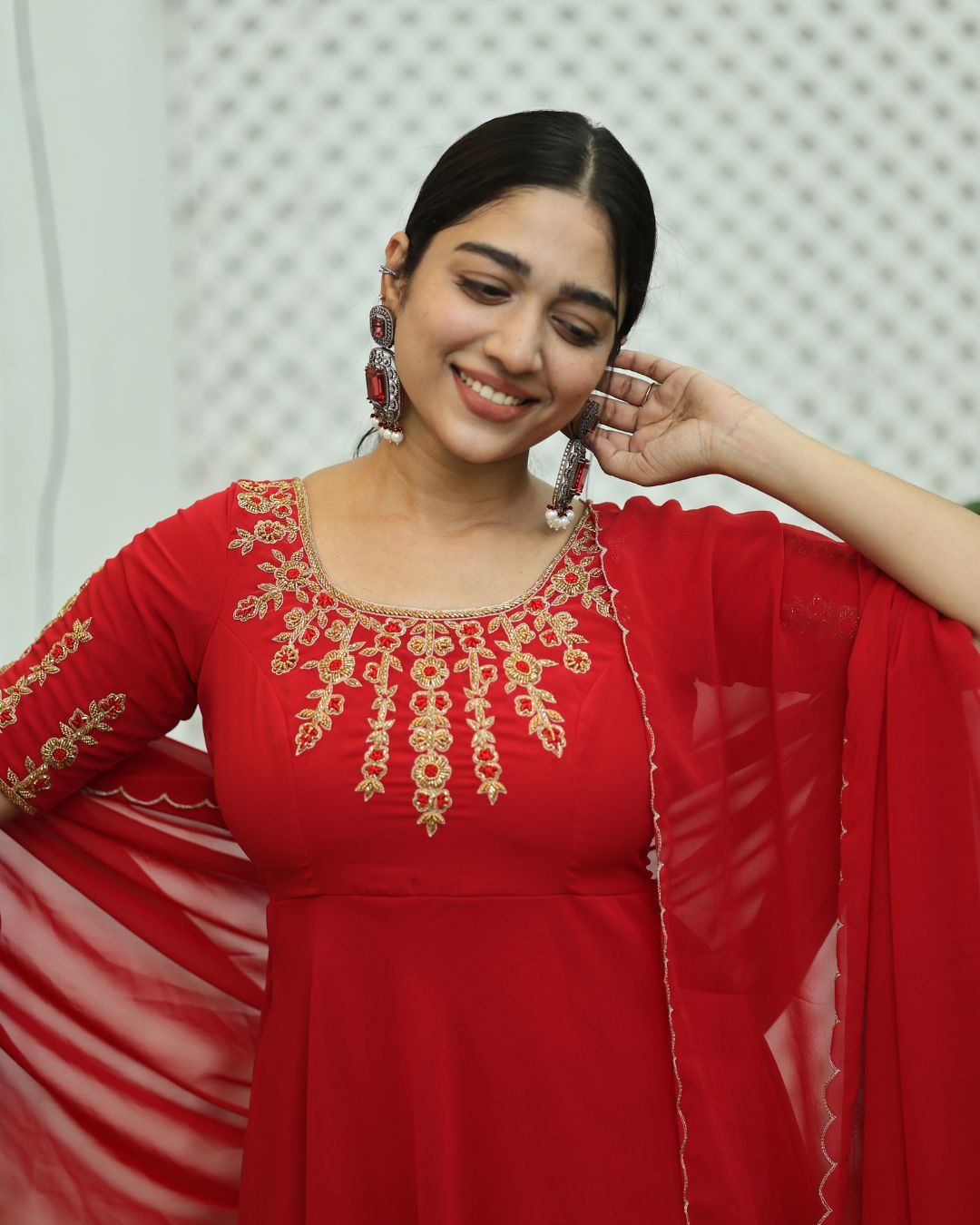 Dhairya-Cherry red anarkali gown and duppata | Petals Chennai