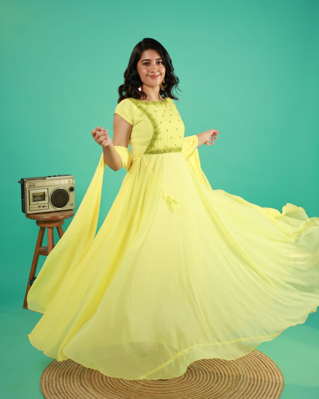 Shradha- Pastel yellow floor length gown and duppata | Petals Chennai