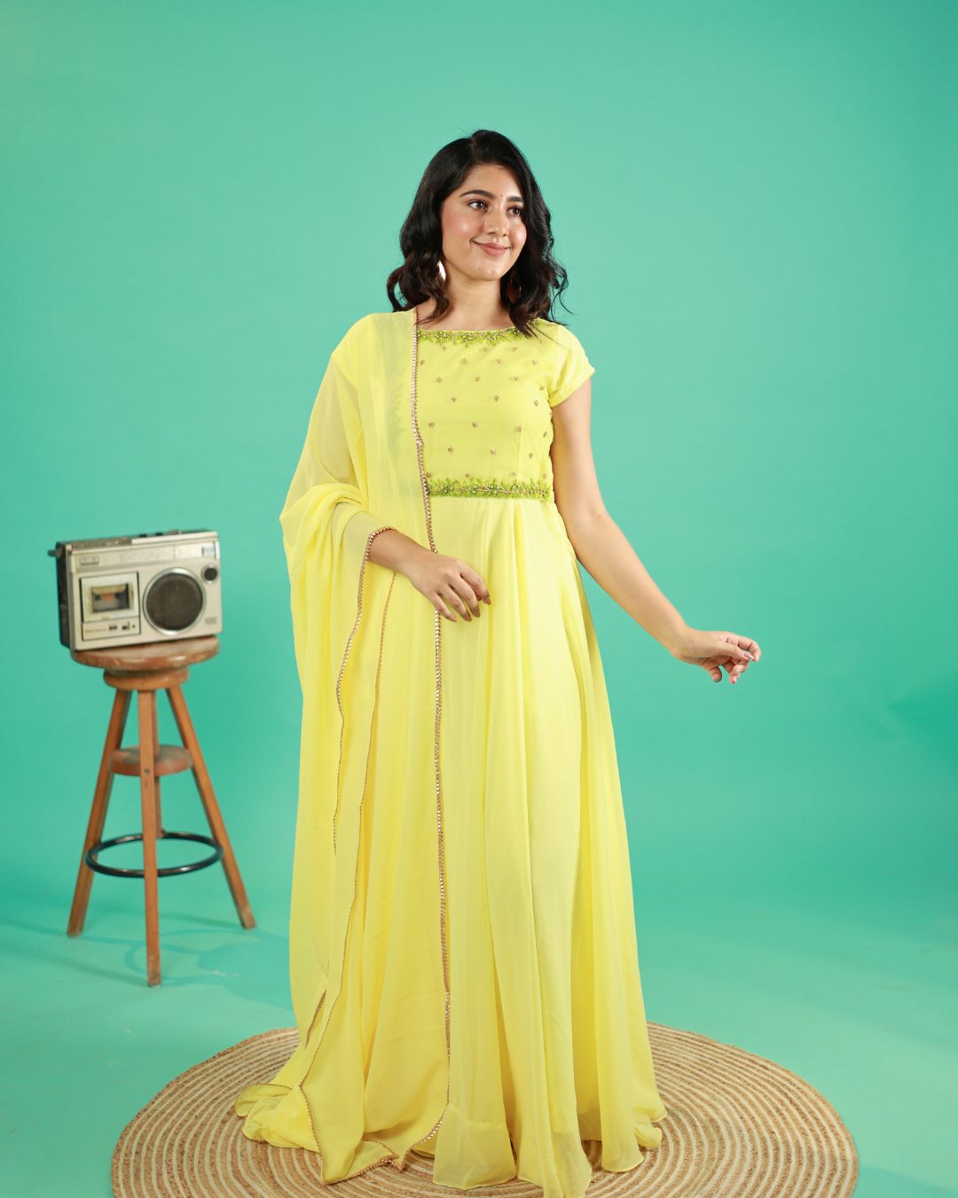 Shradha- Pastel yellow floor length gown and duppata | Petals Chennai
