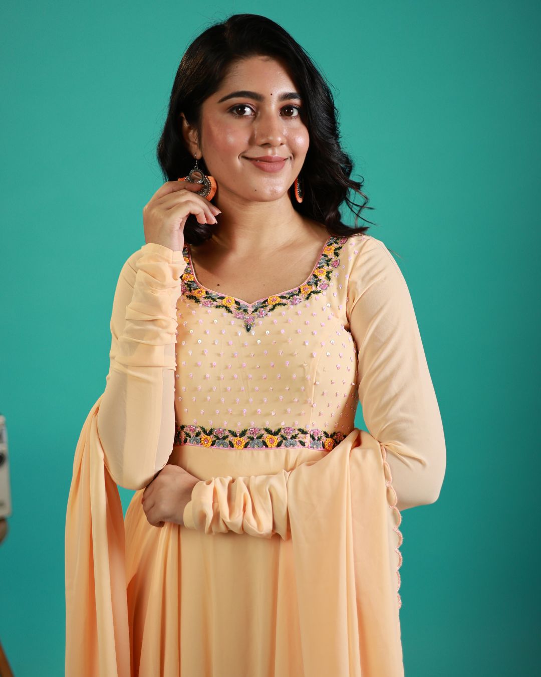 Sonam-Pastel peach floor length anarkali gown and duppata | Petals Chennai