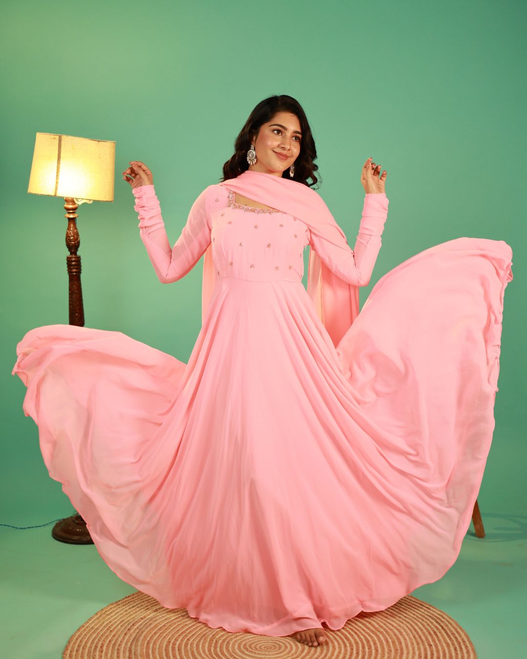 Smrithi-Pastel blush pink anarkali gown and duppata | Petals Chennai