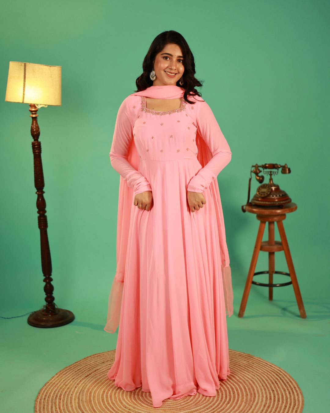 Smrithi-Pastel blush pink anarkali gown and duppata | Petals Chennai