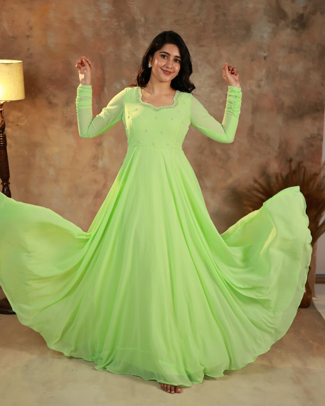 Leela -Fresh lime green anarkali gown and duppata | Petals Chennai
