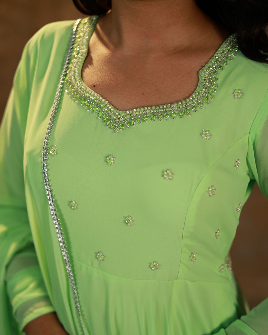 Leela -Fresh lime green anarkali gown and duppata | Petals Chennai