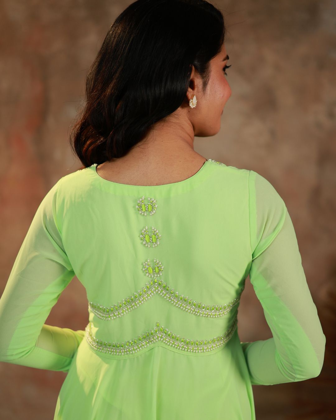 Leela -Fresh lime green anarkali gown and duppata | Petals Chennai