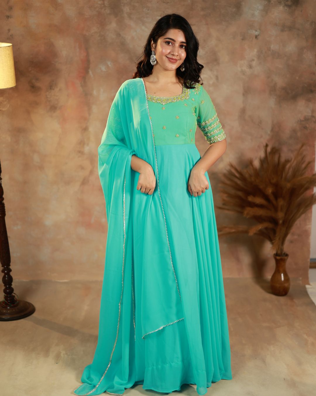 Tisha-Aqua green anarkali gown and duppata | Petals Chennai