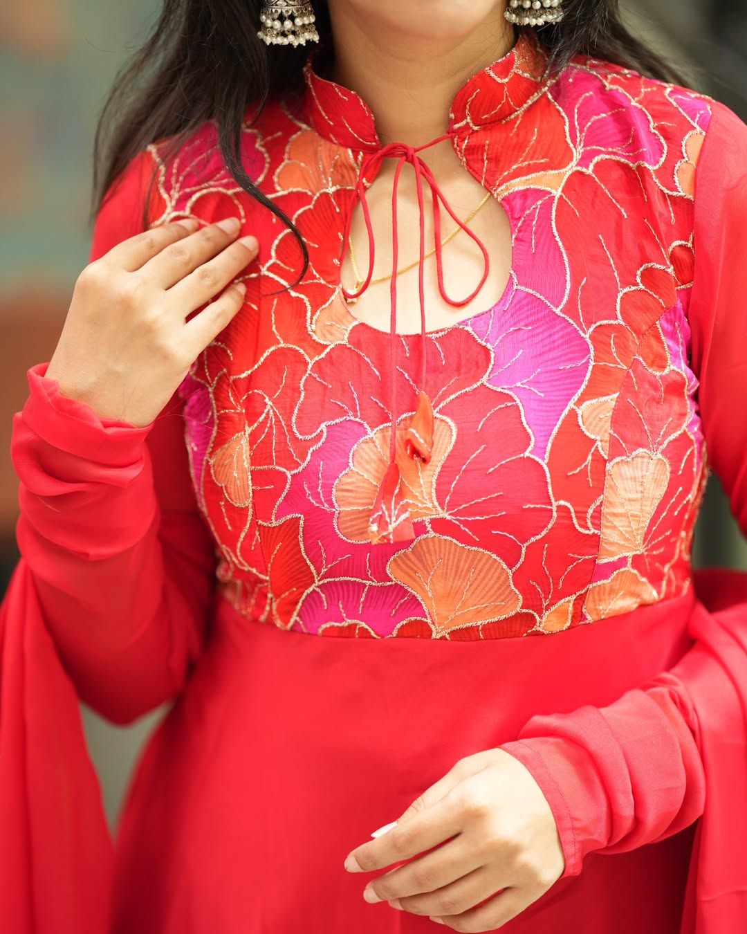Heera-Crimson red flowy anarkali gown and duppata | Petals Chennai
