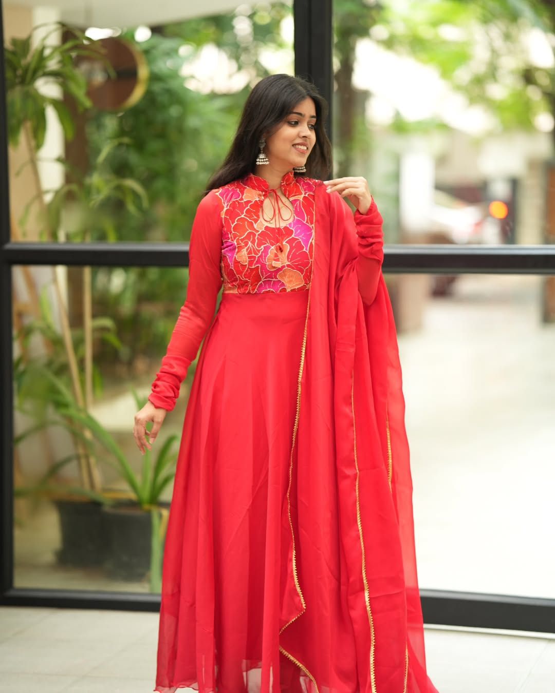 Heera-Crimson red flowy anarkali gown and duppata | Petals Chennai