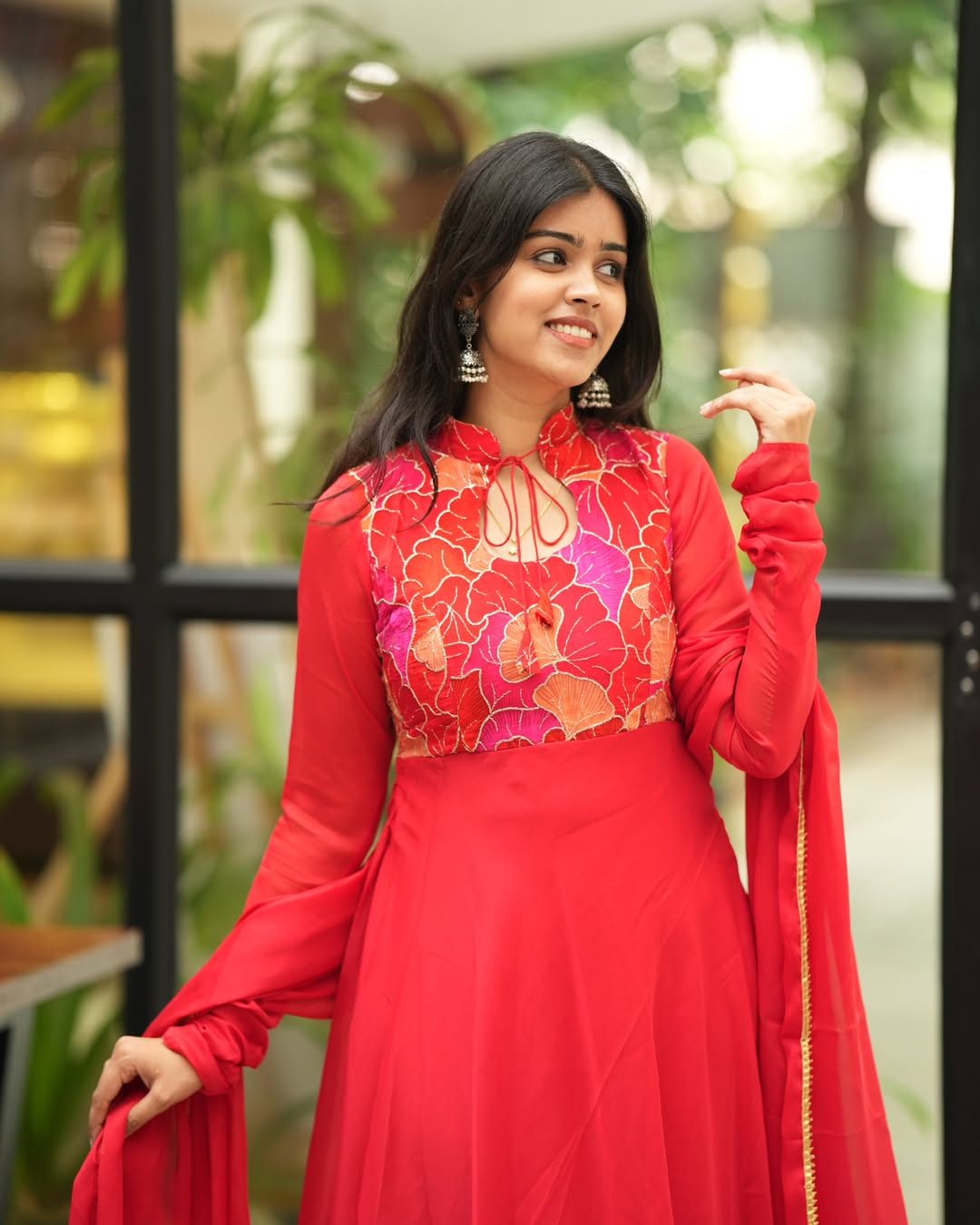 Heera-Crimson red flowy anarkali gown and duppata | Petals Chennai