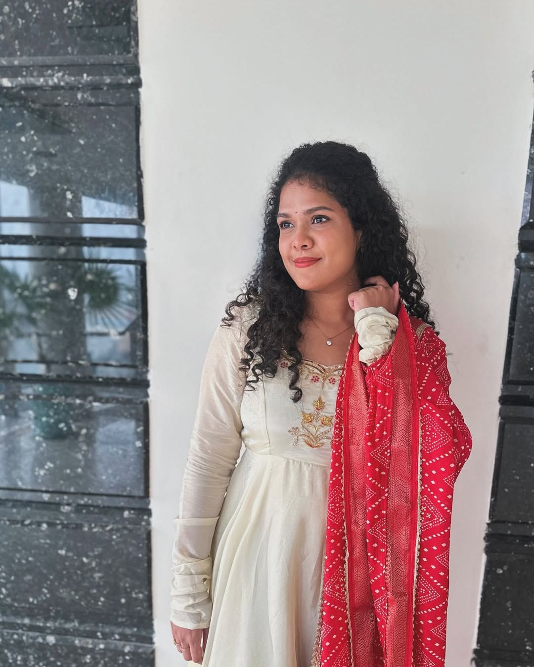 Monica-Ivory and red floor length gown | Petals Chennai