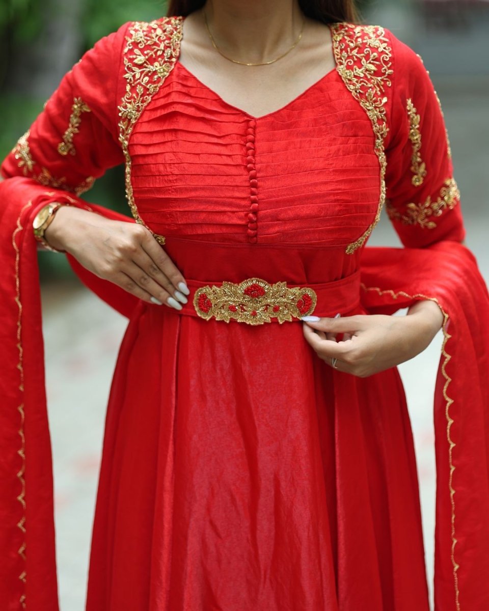 Arohi - Red floor length gown , duppata and belt | Petals Chennai - Petals Chennai