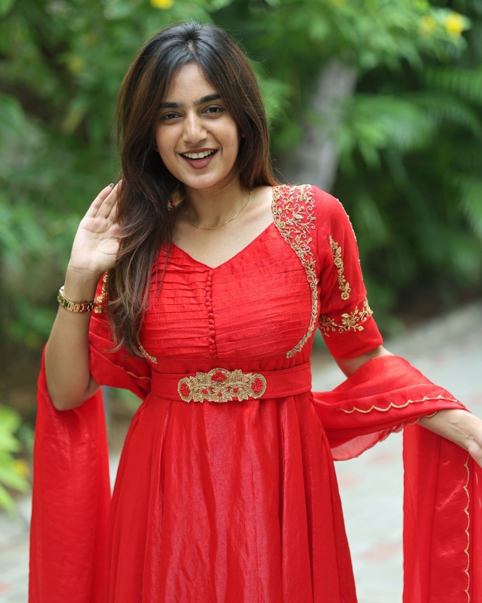 Arohi - Red floor length gown , duppata and belt | Petals Chennai - Petals Chennai