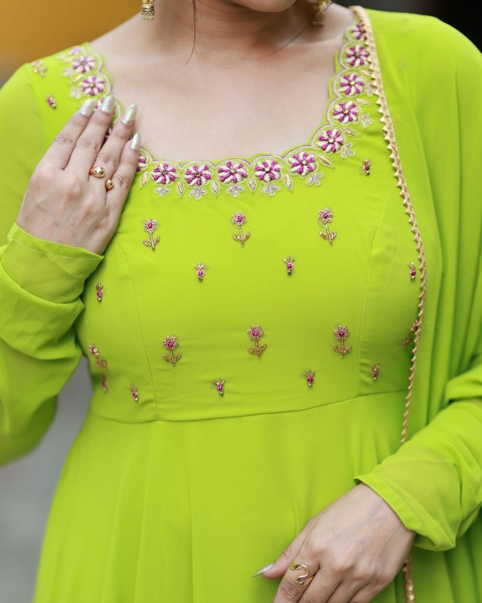 Cynthia - Parrot green anarkali gown anmd duppatta | Petals Chennai - Petals Chennai