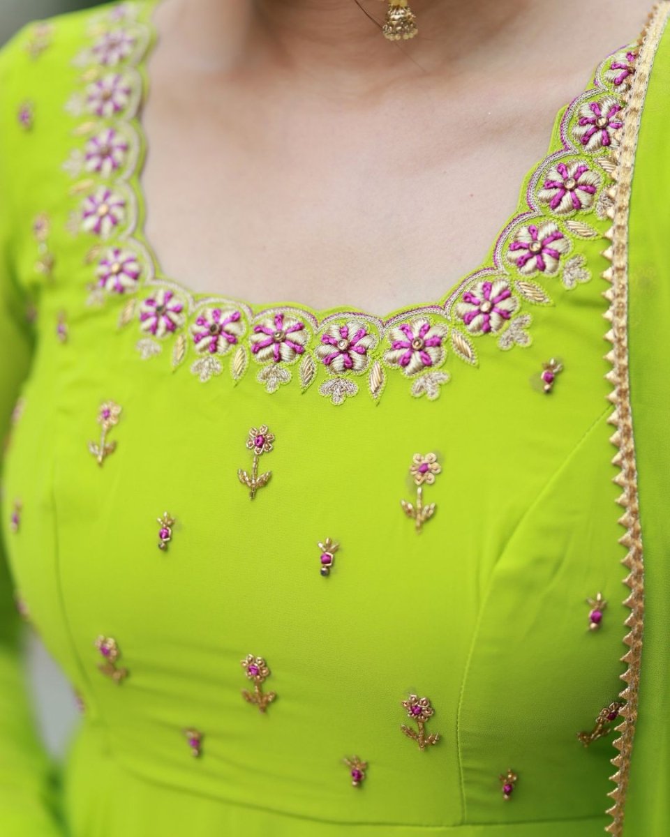 Cynthia - Parrot green anarkali gown anmd duppatta | Petals Chennai - Petals Chennai