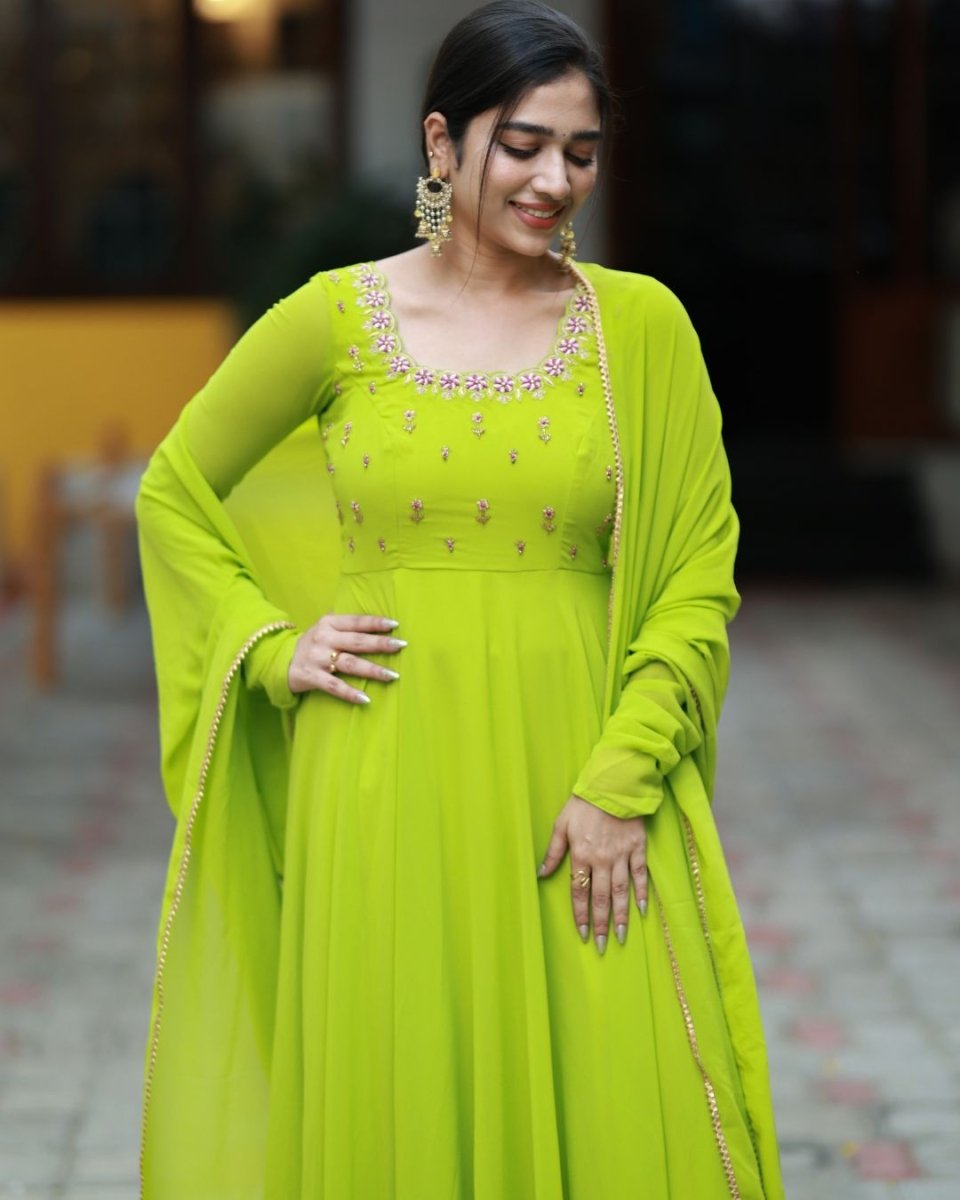Cynthia - Parrot green anarkali gown anmd duppatta | Petals Chennai - Petals Chennai