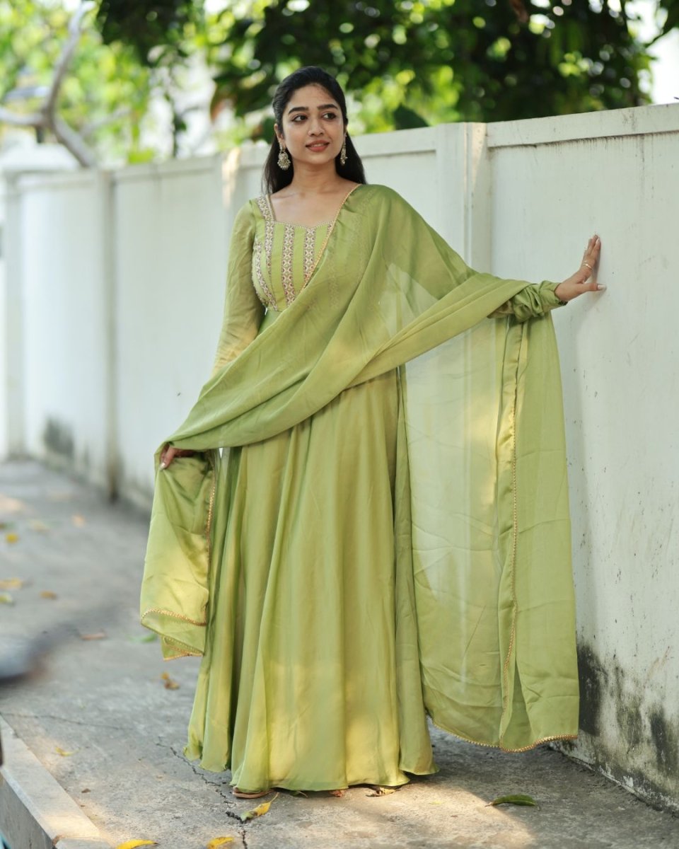 Meera - Sap green floor length anarkali gown and duppata | Petals Chennai - Petals Chennai
