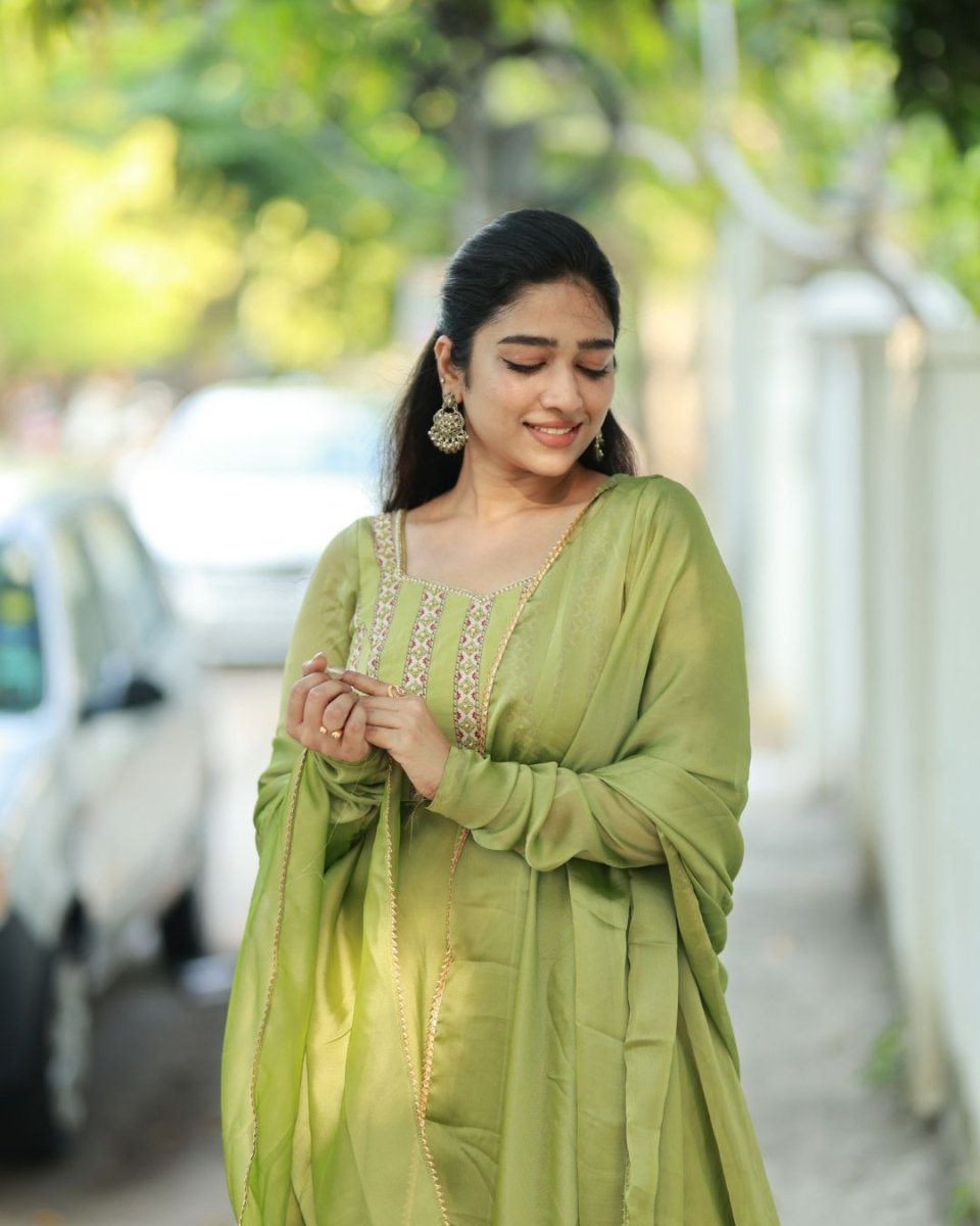 Meera - Sap green floor length anarkali gown and duppata | Petals Chennai - Petals Chennai