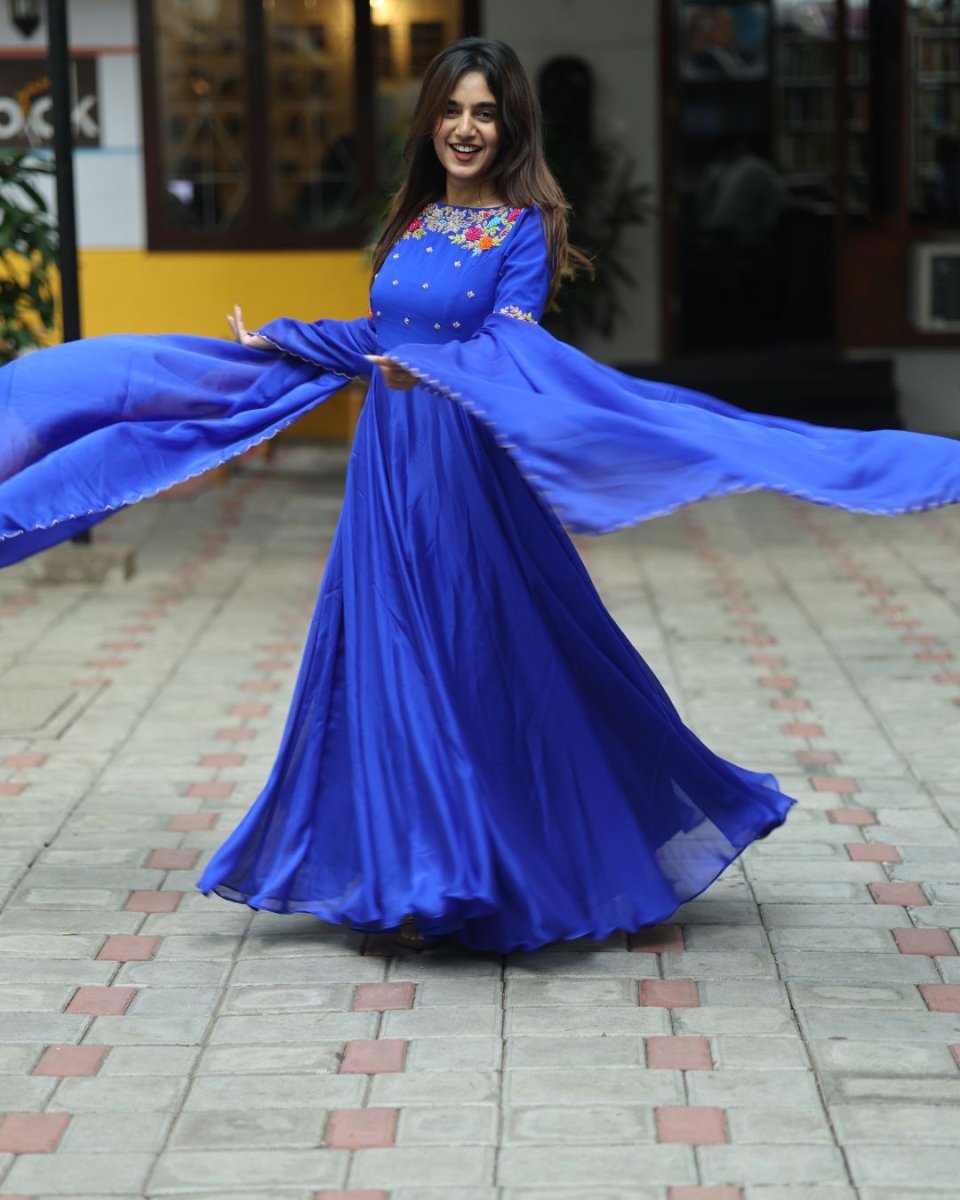 Rhea - Royal blue floor length gown and duppata | Petals Chennai - Petals Chennai