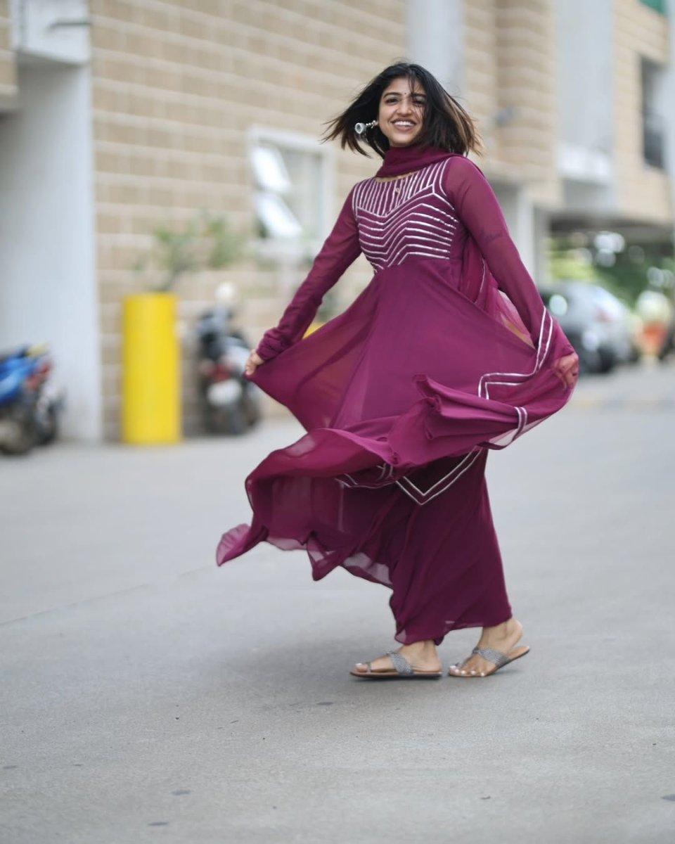 Rhea - Wine floor length gown and duppata | Petals Chennai - Petals Chennai