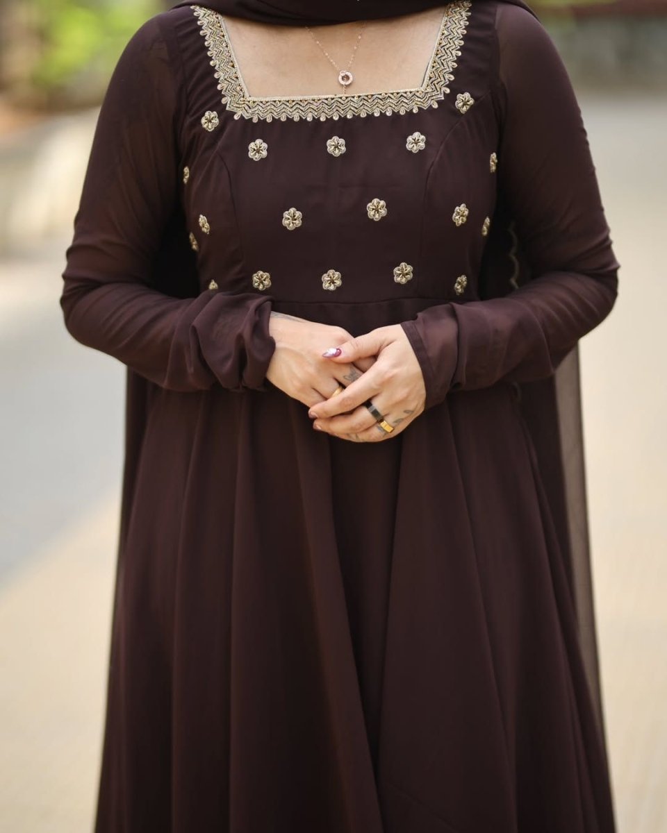 Siya - Deep drown floor length anarkali gown and duppata | Petals Chennai - Petals Chennai