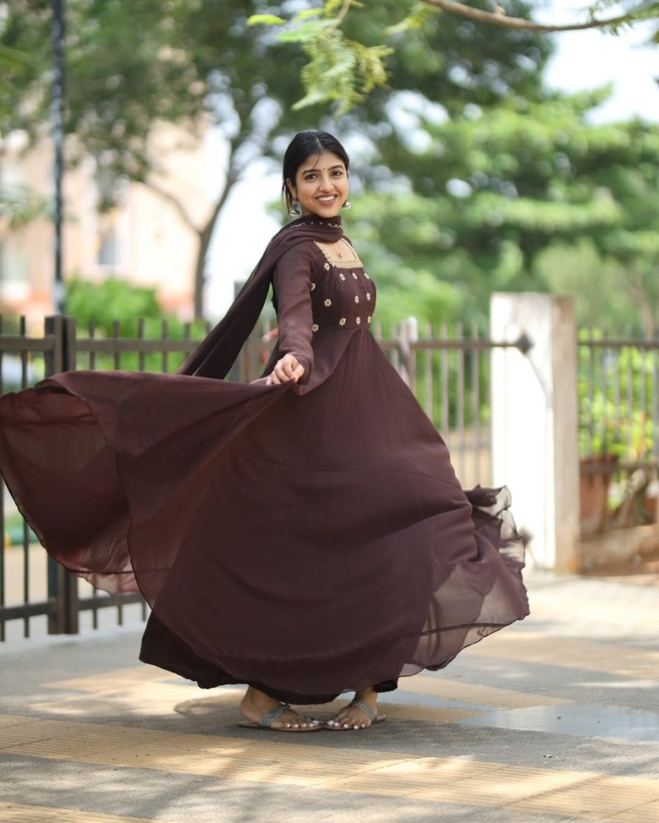 Siya - Deep drown floor length anarkali gown and duppata | Petals Chennai - Petals Chennai