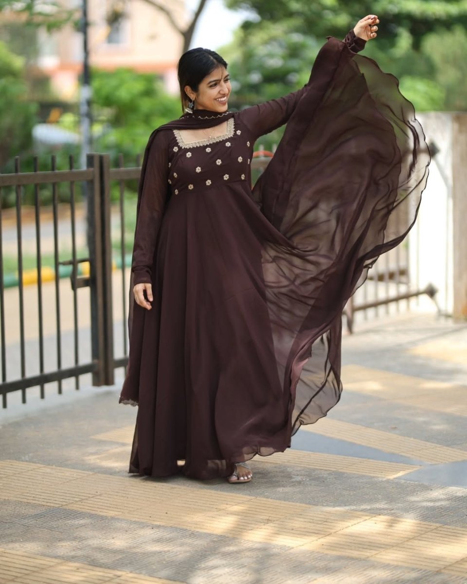 Siya - Deep drown floor length anarkali gown and duppata | Petals Chennai - Petals Chennai