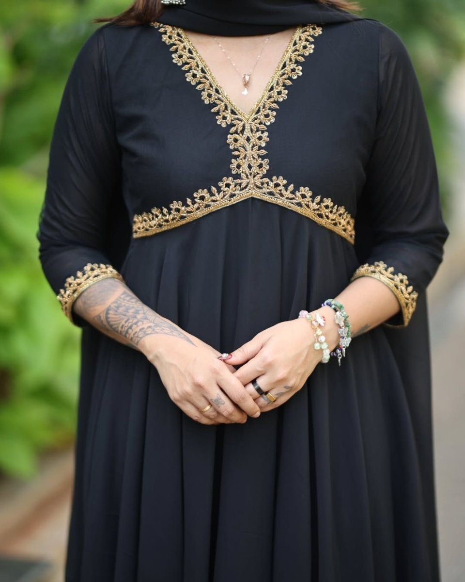 Ziya - Black with gold embellishment anarkali gown and duppata | Petals Chennai - Petals Chennai