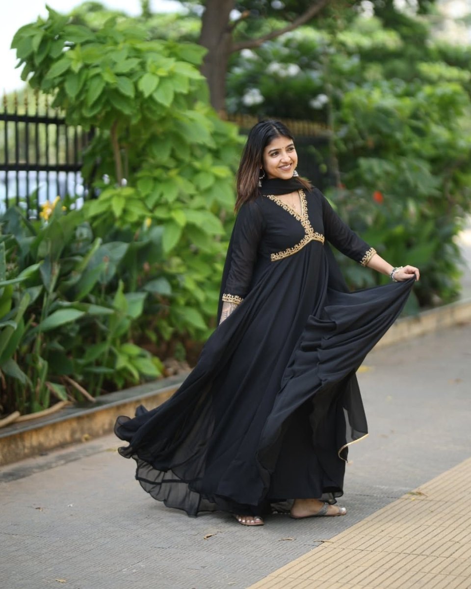 Ziya - Black with gold embellishment anarkali gown and duppata | Petals Chennai - Petals Chennai