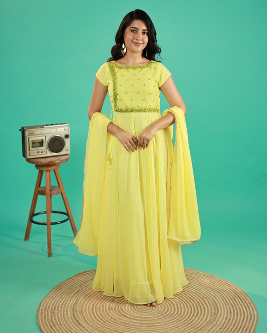 Shradha- Pastel yellow floor length gown and duppata | Petals Chennai