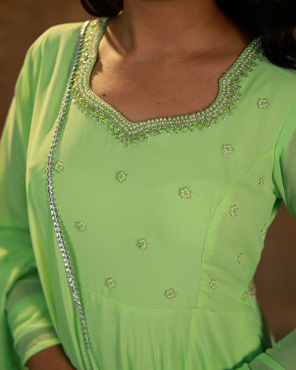 Leela -Fresh lime green anarkali gown and duppata | Petals Chennai