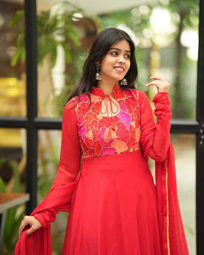 Heera-Crimson red flowy anarkali gown and duppata | Petals Chennai