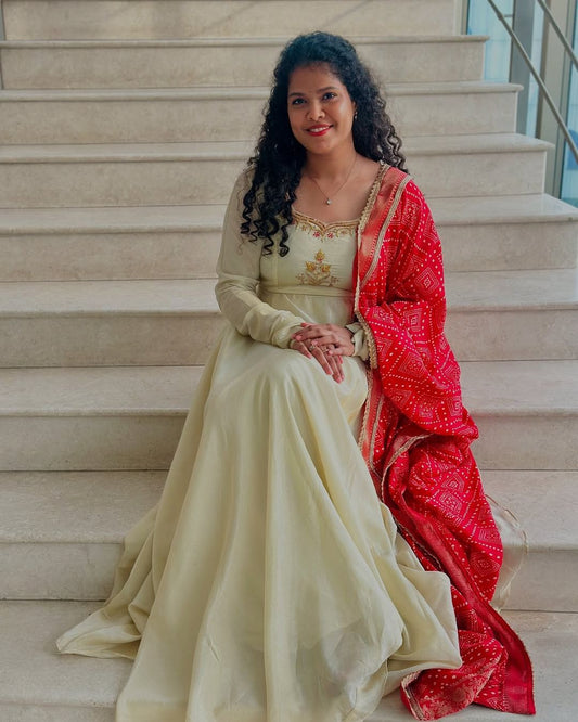 Monica-Ivory and red floor length gown | Petals Chennai