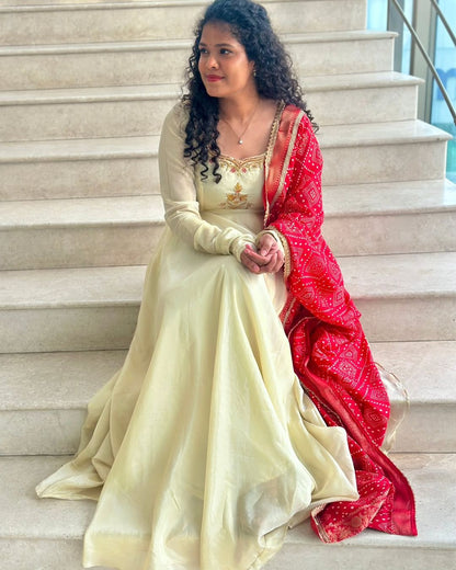 Monica-Ivory and red floor length gown | Petals Chennai
