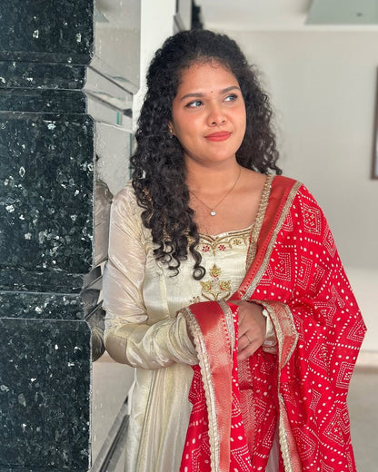 Monica-Ivory and red floor length gown | Petals Chennai
