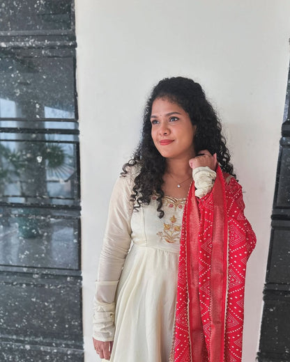 Monica-Ivory and red floor length gown | Petals Chennai