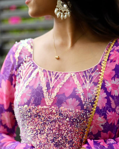 Dheera-lavendar floral printed anarkali and duppata | Petals Chennai