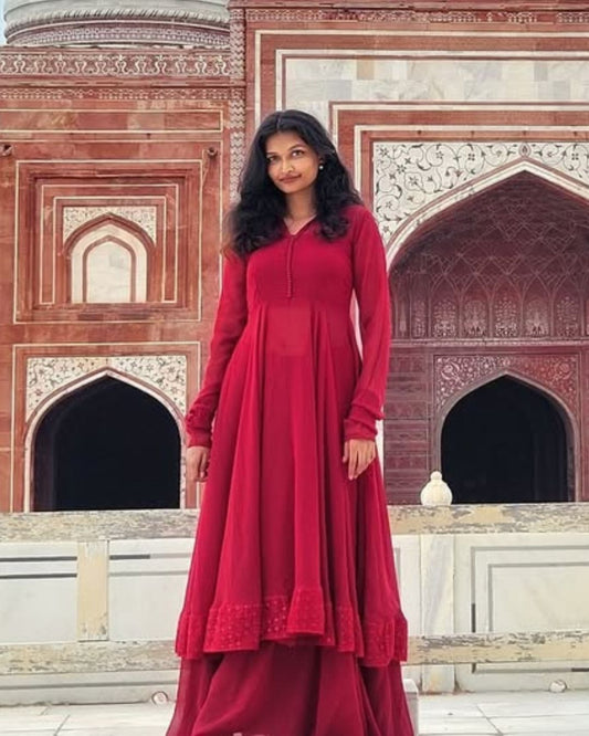 Mumtaz - Maroon Dual Layer Gown with Dupatta | Petals Chennai