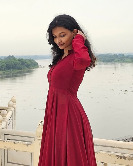 Mumtaz - Maroon Dual Layer Gown with Dupatta | Petals Chennai