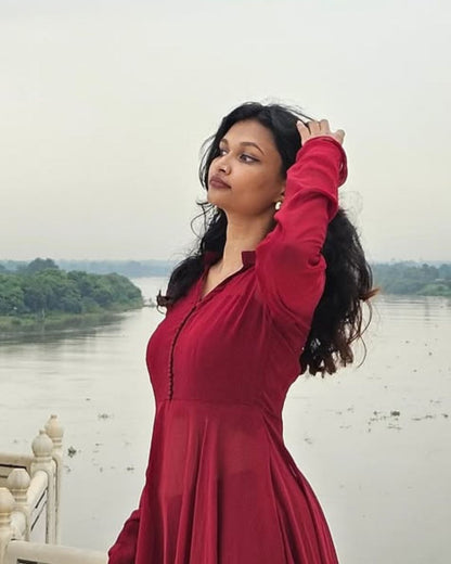 Mumtaz - Maroon Dual Layer Gown with Dupatta | Petals Chennai