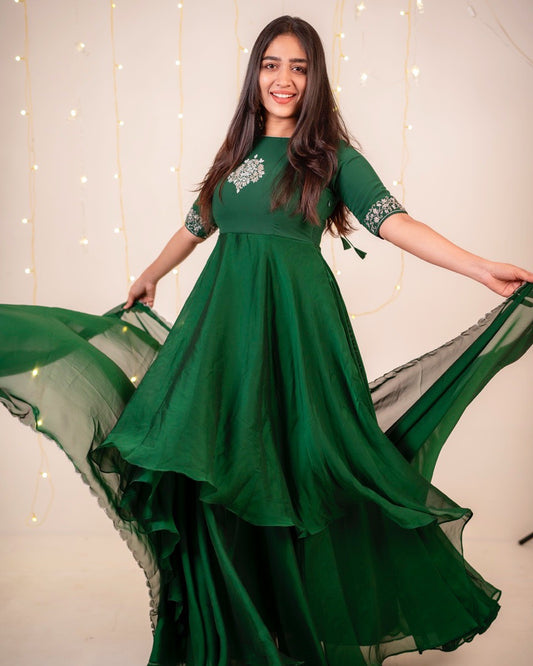Suta-Bottle green dual layered floor length gown and duppata