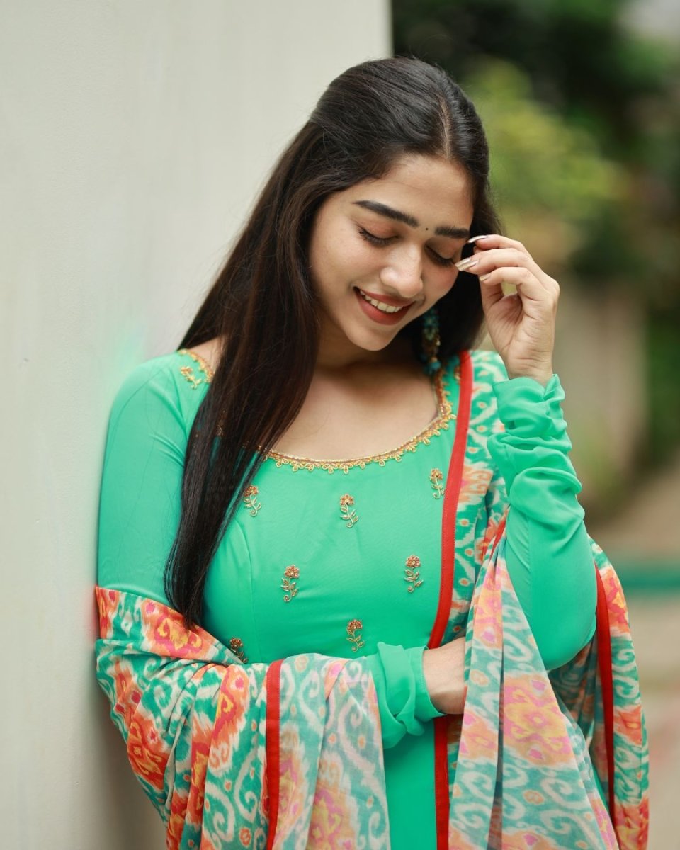 Aqua green anarkali kurta and duppata | Petals Chennai - Petals Chennai