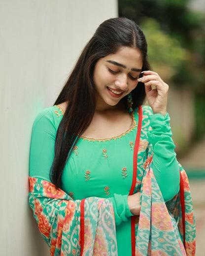 Aqua green anarkali kurta and duppata | Petals Chennai - Petals Chennai