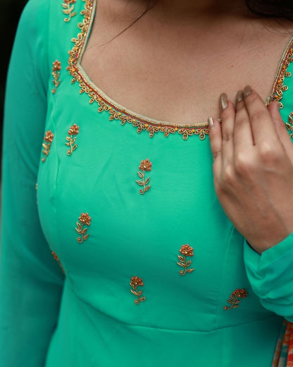 Aqua green anarkali kurta and duppata | Petals Chennai - Petals Chennai