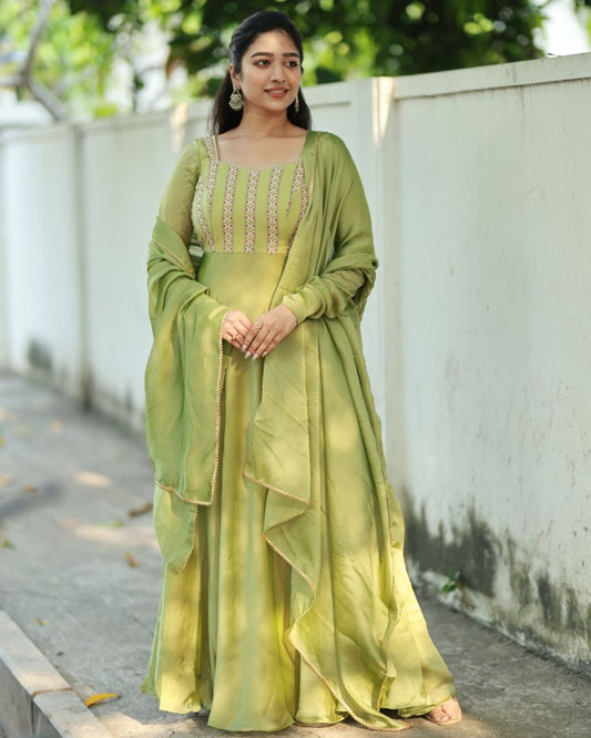 Meera - Sap green floor length anarkali gown and duppata | Petals Chennai - Petals Chennai