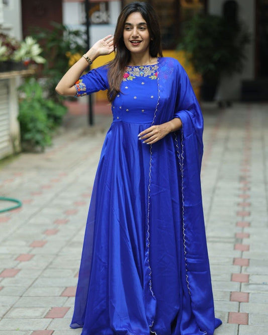 Rhea - Royal blue floor length gown and duppata | Petals Chennai - Petals Chennai