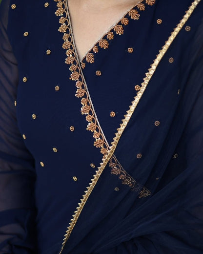 Saisha - Midnight blue floor length anarkali gown and duppata | Petals Chennai - Petals Chennai