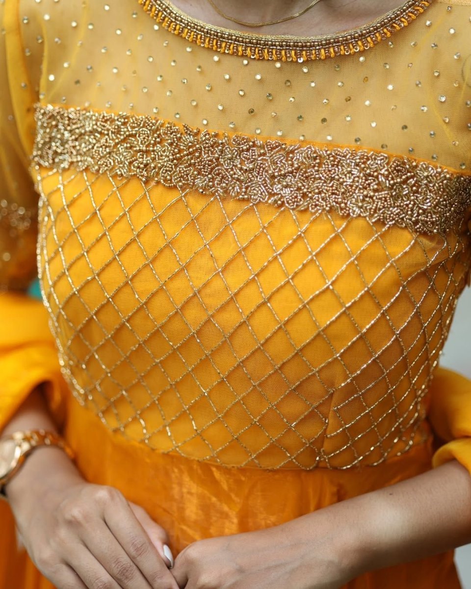 Sakshi - Mustard yellow floor length gown and duppata | Petals Chennai - Petals Chennai