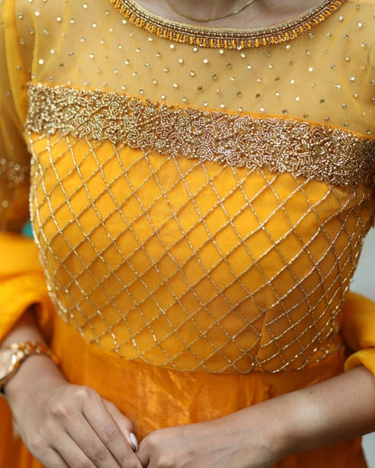 Sakshi - Mustard yellow floor length gown and duppata | Petals Chennai - Petals Chennai