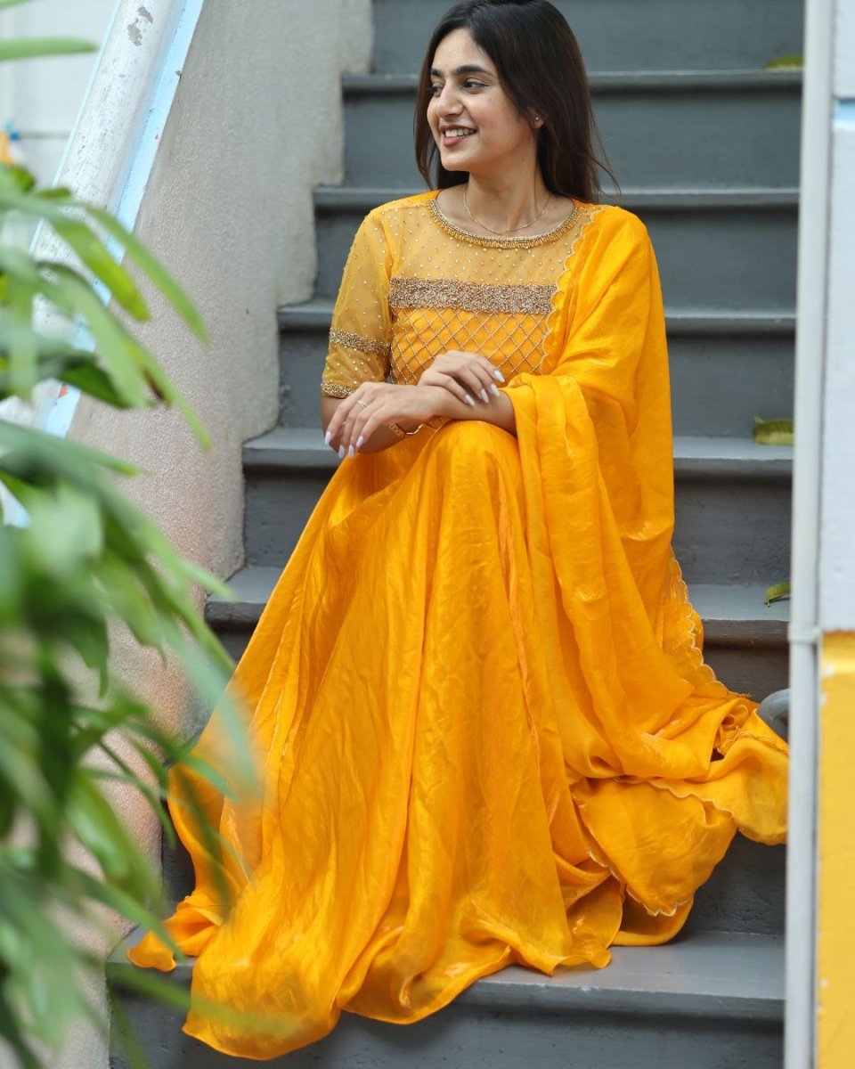 Sakshi - Mustard yellow floor length gown and duppata | Petals Chennai - Petals Chennai
